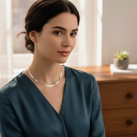 Italian Sterling Silver Reversible Herringbone Necklace with Diamond-Shaped Tag - Picture 7 of 10